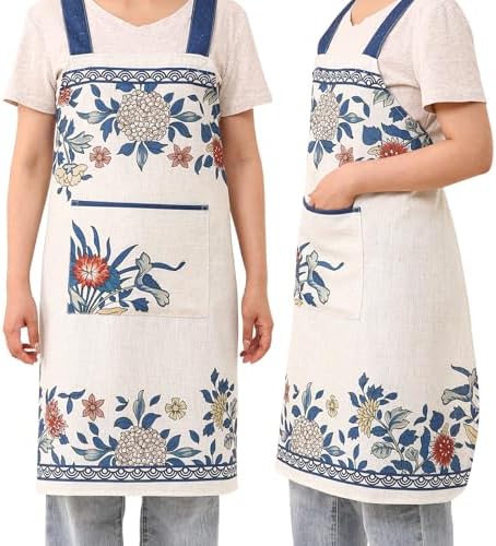 patdrea Blue Floral Linen Apron with Pocket,French Kitchen Garden Chef BBQ Aprons for Women and Men,Crisscross Back Straps - Image 3