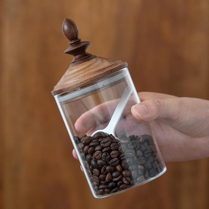 Glass Coffee Bean Jar, Airtight Retro Wooden Lid, Clear Container with Spoon, Kitchen Storage Canister for Tea, Spice, and More/550ml