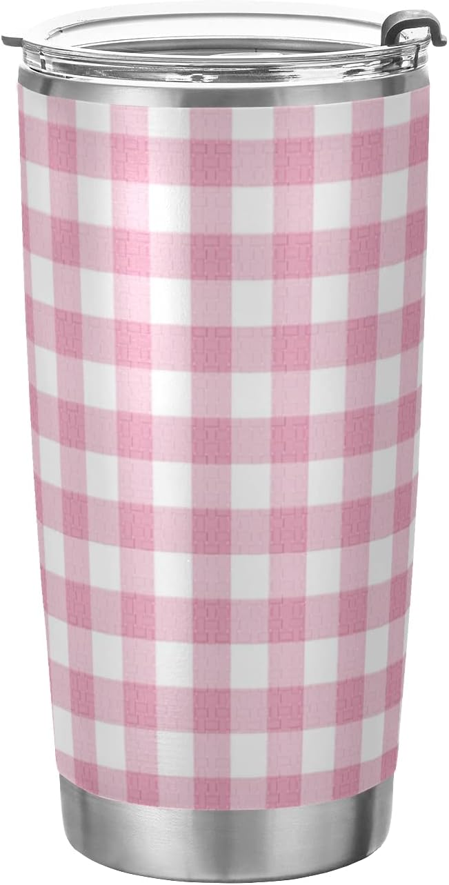 Tumbler Gingham Plaid Pink Insulated Coffee Cup Beverage Container Travel Mug with Straw and Lid Double Wall Stainless Steel 20oz BPA-Free for Sport, Back to School
