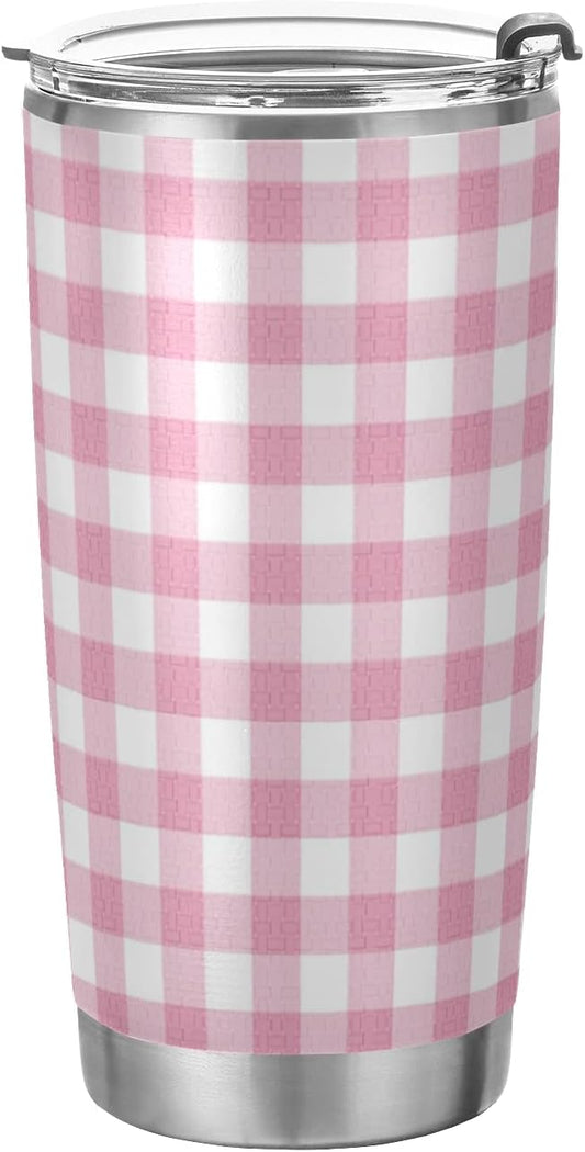 Tumbler Gingham Plaid Pink Insulated Coffee Cup Beverage Container Travel Mug with Straw and Lid Double Wall Stainless Steel 20oz BPA-Free for Sport, Back to School