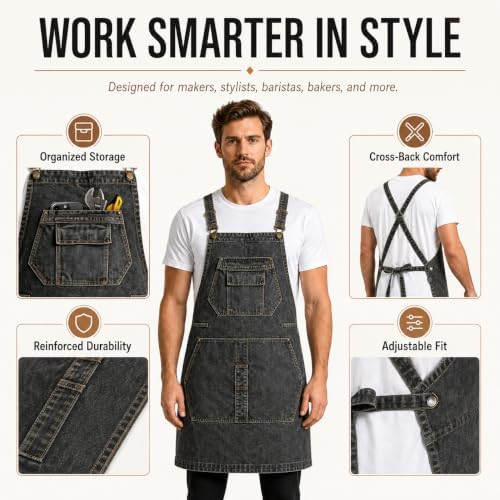 Denim Apron, Waist Apron with Pockets and Adjustable Long Ties - Image 3