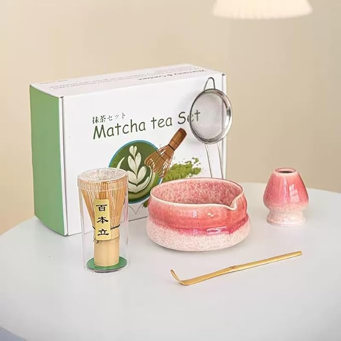 Premium Matcha Tea Set - 5 Pcs with Kiln-Transformation Glaze Ceramic Bowl, Prong Bamboo Whisk, Scoop, Sifter & Holder | Authentic Japanese-Style Tools (red)