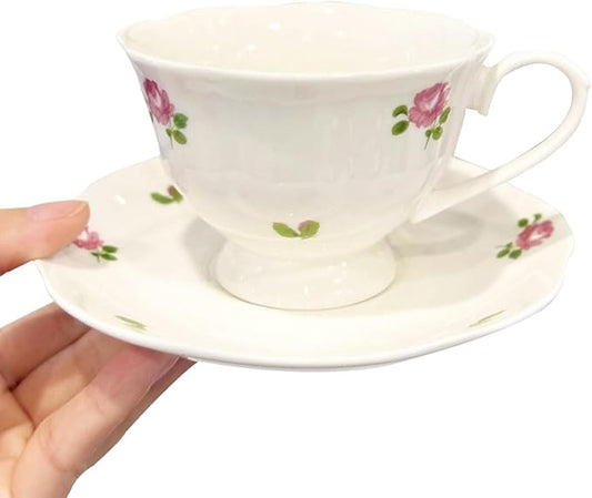 Tea Cup and Saucer Set with Blue Flowers，6.76 oz Ceramic Coffee Cup，Latte Mug for Mother's Day Gifts (pink)