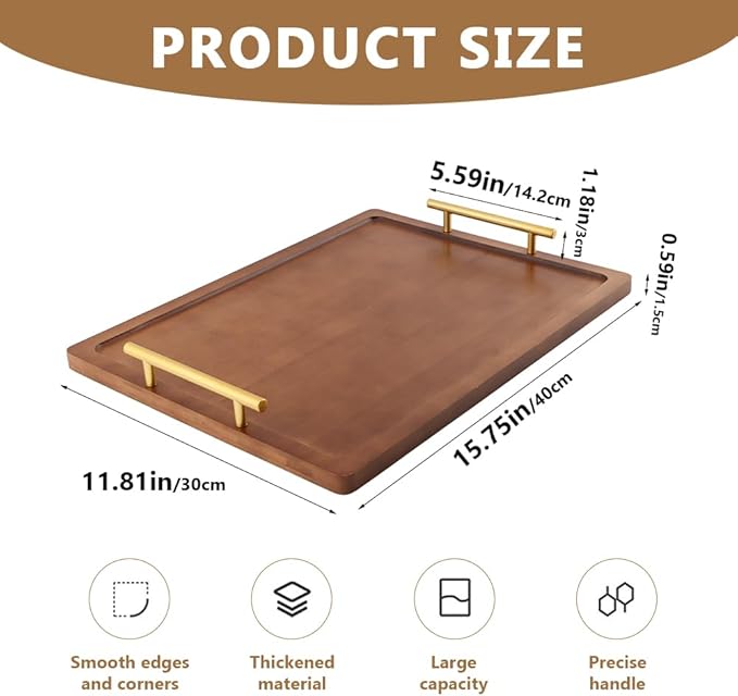 Bamboo Serving Tray with Metal Handles(15.75x11.81inch) | Home Decorative Rectangle Ottoman Platter Bathroom Vanity Tray for All Occasions, Including Installation Tools