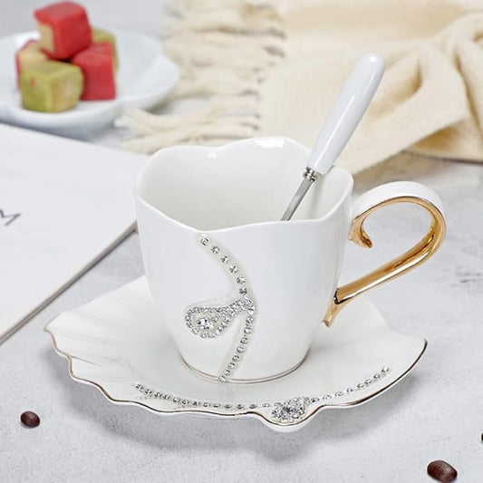 Ceramic Tea Cup and Saucer Set Decorative Rhinestone Coffee Mug Gift for Women 7oz (White)