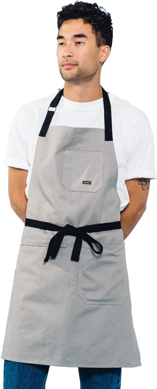 Caldo Daily Cotton Kitchen Apron for Cooking- Mens and Womens Professional Chef or Server Bib Apron - Adjustable Straps with Pockets and Towel Loop (Grey) by Caldo