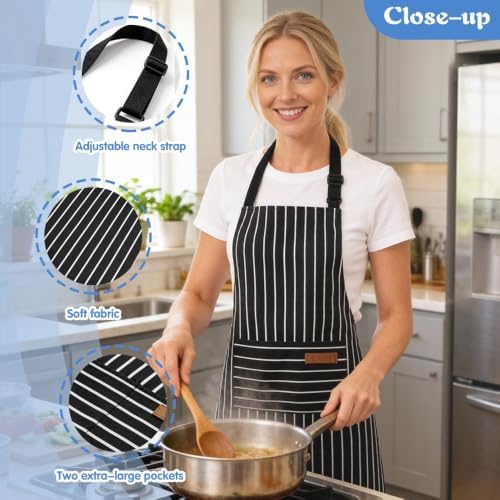 Chef Apron Bib Apron with 2 Large Pockets Adjustable Neck Strap Kitchen Apron Cooking Apron Stripes Baking Apron - Image 2