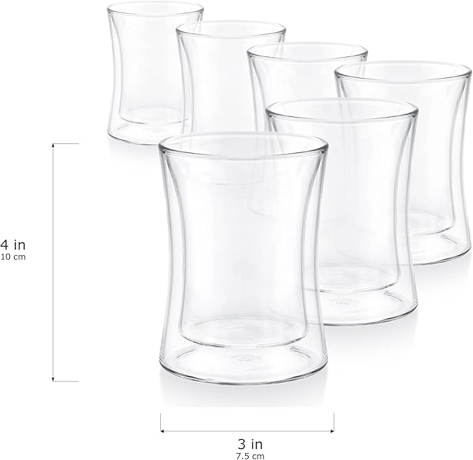 Teabloom Modern Insulated Turkish Tea Glasses - Set of 6 Double Walled Glass Teacups (6 oz / 177 ml)