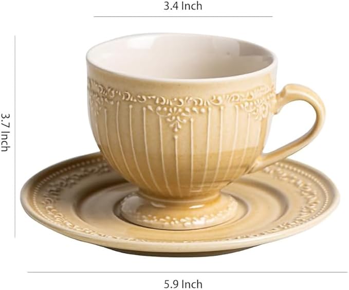 WAIT FLY Vintage Embossed Ceramic Coffee Mug with Saucer Set, Espresso Cup, Tea Cup, Breakfast Cup and Dessert Plate-Yellow-8 OZ