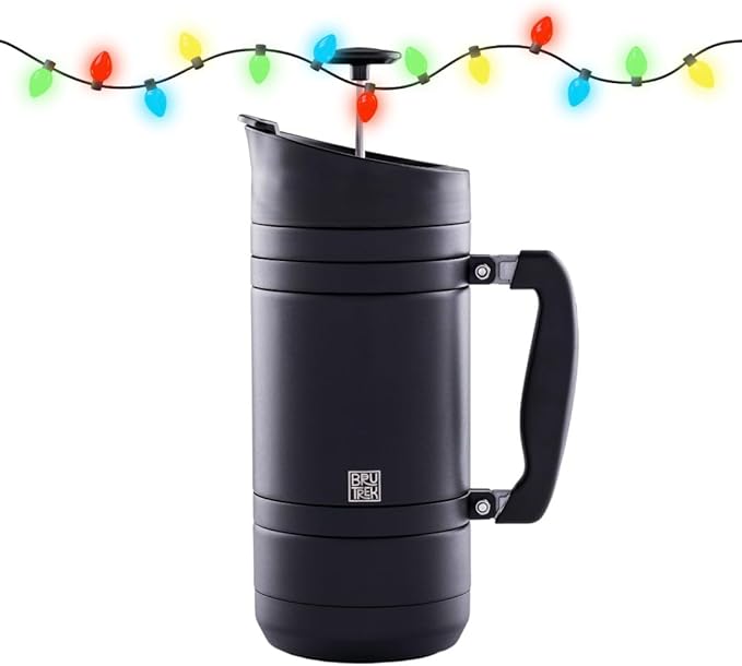 BruTrek® by Planetary Design BaseCamp Coffee Press - Double Wall Insulated Stainless Steel - Bru-Stop Technology, No Grounds in Coffee, No Spill Lid (Obsidian, 48 fl.oz)