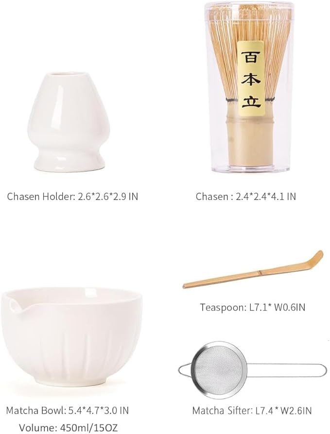 TANG PIN Matcha Set - Match Bowl and Whisk, 15 OZ, Matcha Scoop | Matcha Whisk Stand (Chasen Holder) - 5pc Perfect Matcha Kit for Matcha Tea Ceremony (White)