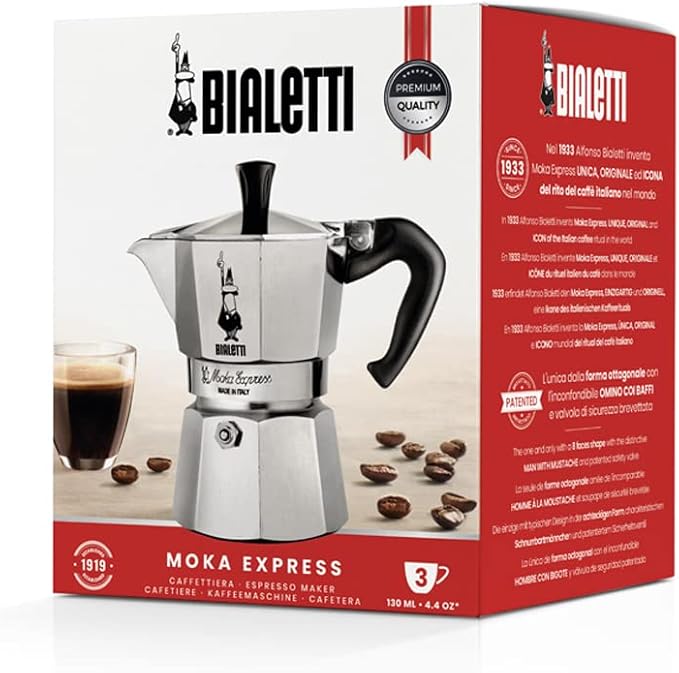 Bialetti Moka Express Iconic Italian Stovetop Espresso Maker (Silver, 3 Cups)