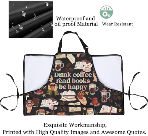PXTIDY Drink Coffee Read Books Apron with Pockets Book Lover Coffee Lover Gift Librarian Apron Bookworm Bookish Barista Gift - Image 3
