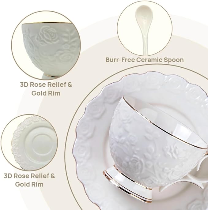 Tea Cup and Saucer Set for 1, Coffee Cup with Saucer and Spoon, Espresso Latte Cup for Women Gift, Dishwasher Safe, 6.8 Oz