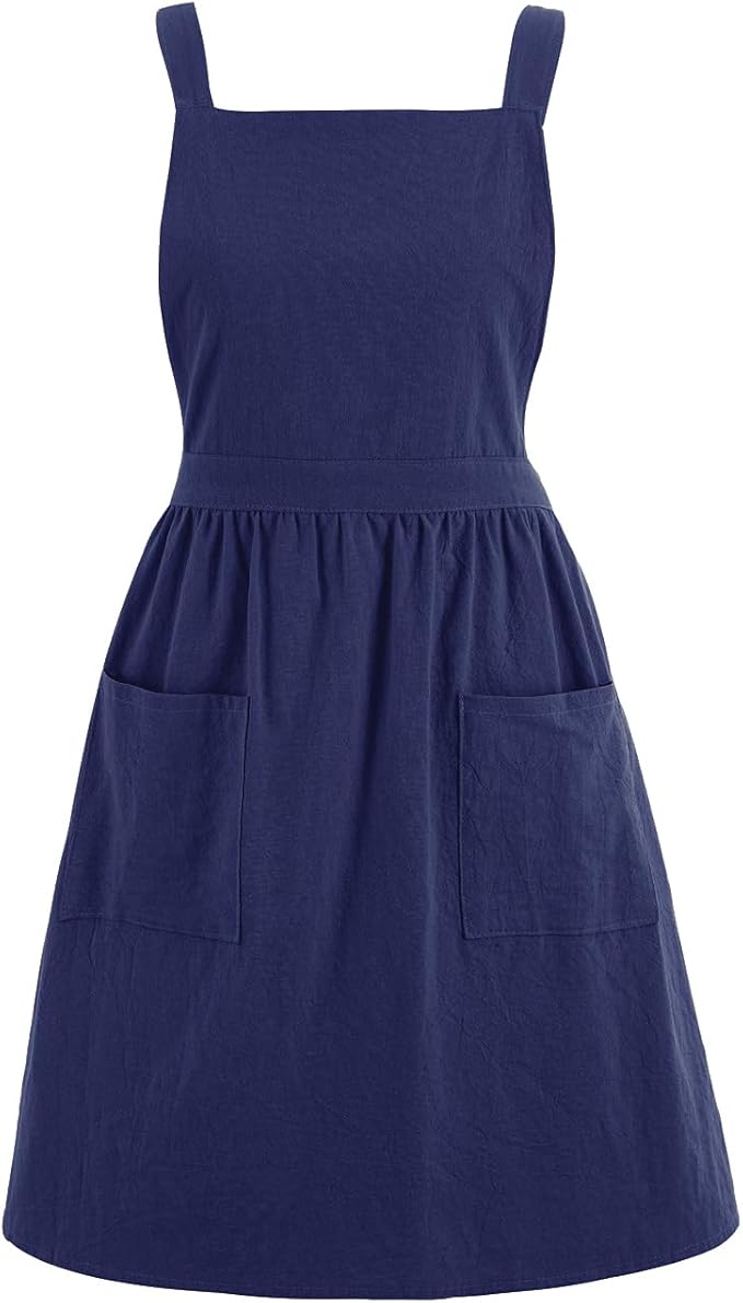 Pinknoke Cute Cotton Pinafore Aprons for Women with Pockets for Kitchen | Vintage Apron Dress,Adjustable Cross Back,2 Pockets,Long Straps,for Cooking Backing Gardening Painting Cleaning Gift Giving by Pinknoke