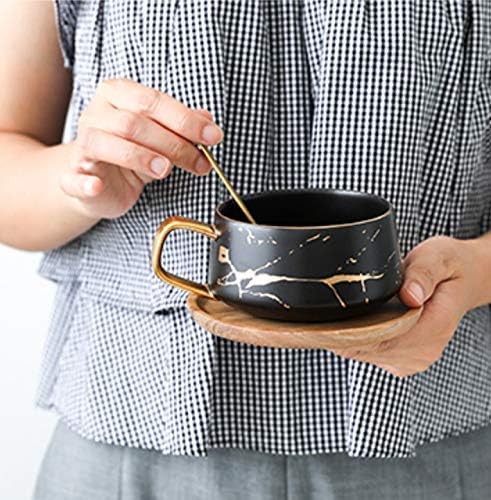 YBK Tech Porcelain Tea Cup Coffee Mug Set for Afternoon Tea - Marble Pattern (Black, Short 300ml + wood saucer)