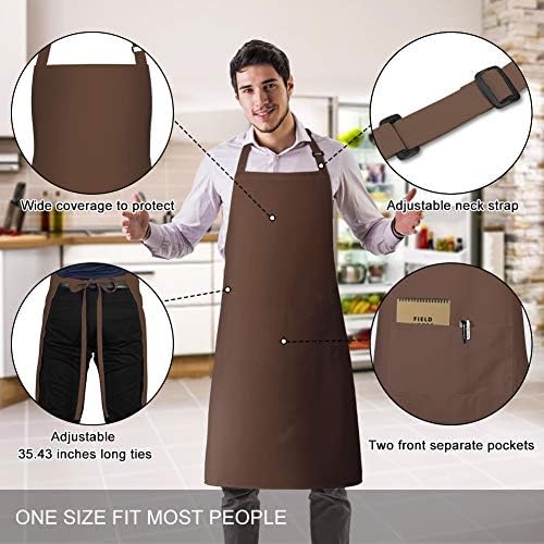 Jubatus 2 Pack Bib Aprons with 2 Pockets Cooking Chef Kitchen Apron for Women Men, Brown - Image 2