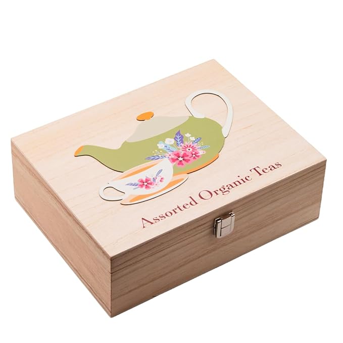 Mementa Inc Organic Wooden Tea Chest - 60 Tea Bags Individually Wrapped : Assorted Tea Variety Pack containing Black, Green, and Herbal caffeine-free teas : Tea Sampler Tea Set