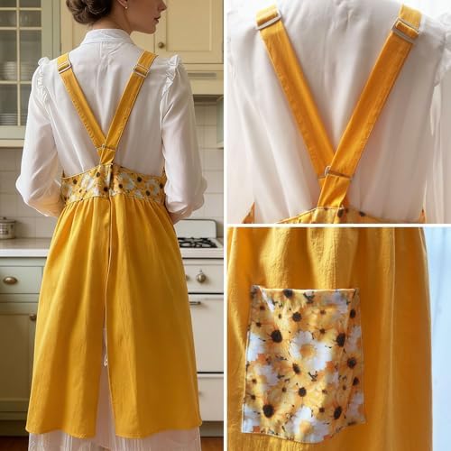 Uaussi Cotton Linen Apron Cross Back Work Apron for Women with Pockets Pinafore Dress X Cross Halter Apron for Chef Gardening - Image 3