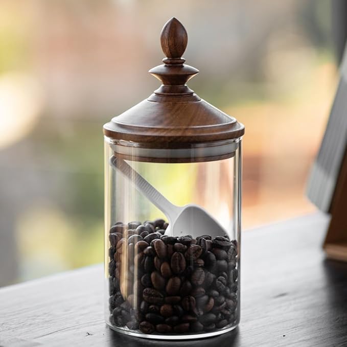 Glass Coffee Bean Jar, Airtight Retro Wooden Lid, Clear Container with Spoon, Kitchen Storage Canister for Tea, Spice, and More/550ml