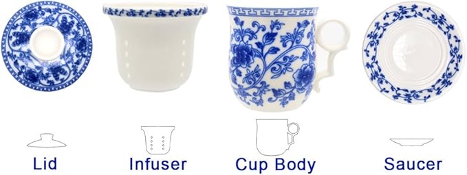 Porcelain Tea Cup with Infuser Lid and Saucer Sets - Chinese Jingdezhen Ceramics Coffee Mug Teacup Loose Leaf Tea Brewing System for Home Office