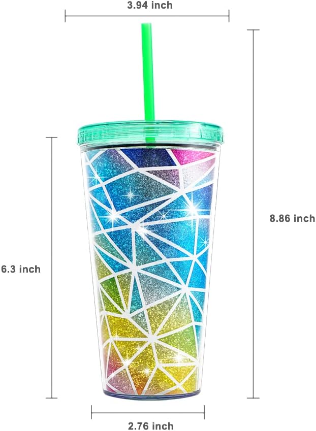 Home Tune Cute Glitter Tumbler Cups with Lid and Straw, Double Wall Insulated Acrylic Cup, 22 oz / 650ml (Colorful)