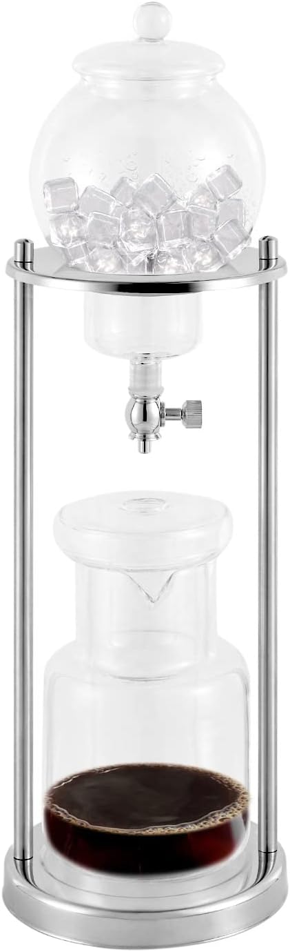 Ice Cold Brew Dripper Coffee Maker, 600Ml Ice Coffee Makers Cold Brew Machine Stainless Steel and Borosilicate Glass Copper Coffee Maker Extraction Approx 4h 2drops/S for 6-8 People (Silver)