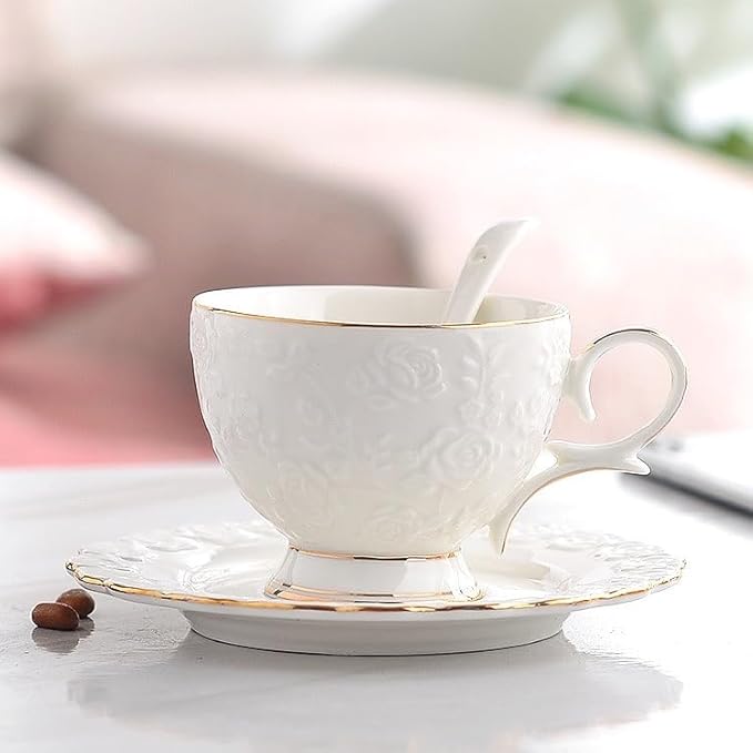 Tea Cup and Saucer Set for 1, Coffee Cup with Saucer and Spoon, Espresso Latte Cup for Women Gift, Dishwasher Safe, 6.8 Oz