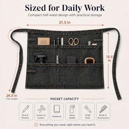Denim Apron, Waist Apron with Pockets and Adjustable Long Ties - Image 4