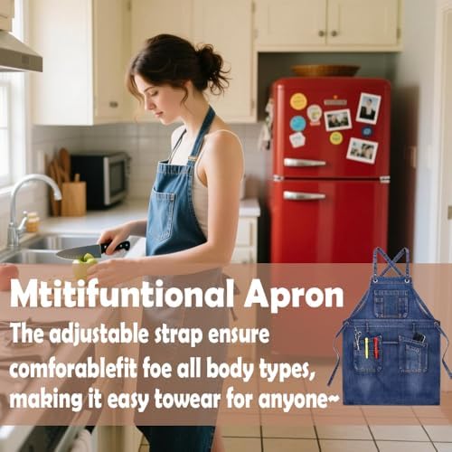 Denim Apron with Big Pockets Adjustable Cooking Apron Jean for Hair Stylist Gardening Craftsmen Barista Hairdresser - Image 6