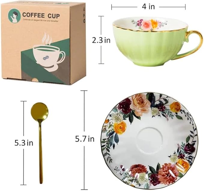 ONEUSTAR Tea Cup and Saucer Set for 1 Bone China Floral English Teacup 8 oz Coffee Cup for Women Tea Parties Birthday Christmas Gift, Light Green