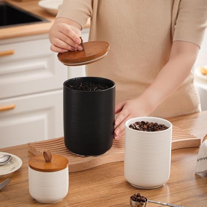 Food Storage Jar Strong Ceramic Storage Canisters with Airtight Wooden Lid,Kitchen Storage Containers for Serving Coffee Beans, Tea, Sugar, Salt, Spices (Big black 44 oz)