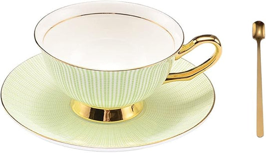 Bone China Tea Cup Set with Saucer Spoon - 3 Piece Set (7oz) - Cappuccino & Latte Cups - Mother's Day Gift