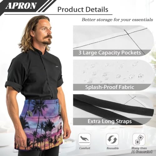 Server Apron with 3 Pockets 13 Inch Short Half Waist Aprons Waterproof Cooking Aprons for Women Men - Image 6