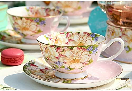 Vintage Ceramic Teacup, Elegant Coffee Cup with Spoon and Saucer Set, Fine Royal Bone China Tea Cups (Pink)