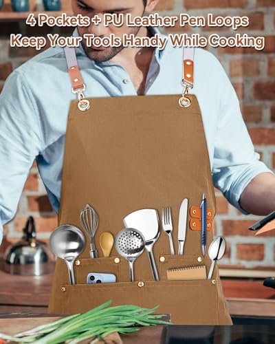 Teskyer Canvas Kitchen Apron with 4 Pockets | Cross Back or Adjustable Strap Design, 4 Utility Pockets, Water & Oil Resistant Fabric for Cooking Gardening & Crafts - Image 3
