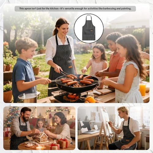 Chef Apron Bib Apron with 2 Large Pockets Adjustable Neck Strap Kitchen Apron Cooking Apron Stripes Baking Apron - Image 5