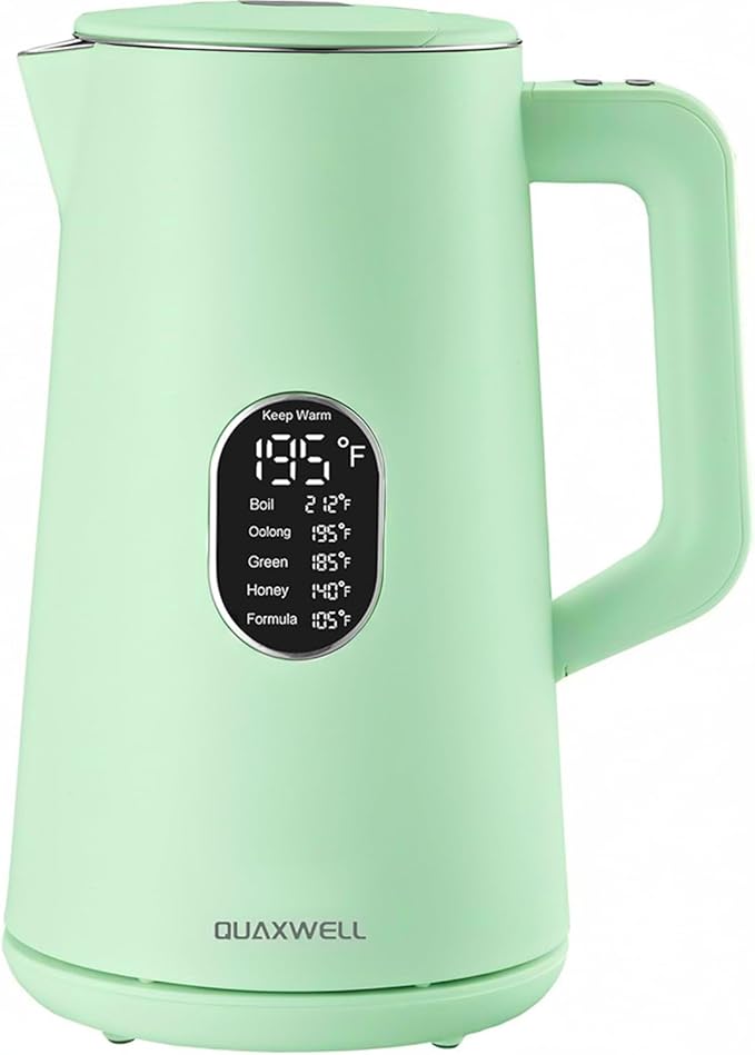 1.5L Electric Kettle Stainless Steel Double Wall Cold Touch Tea Kettle, Quick Boil, 5 Temperature Control, LED Display, Auto Shutoff, Warm Function, Green