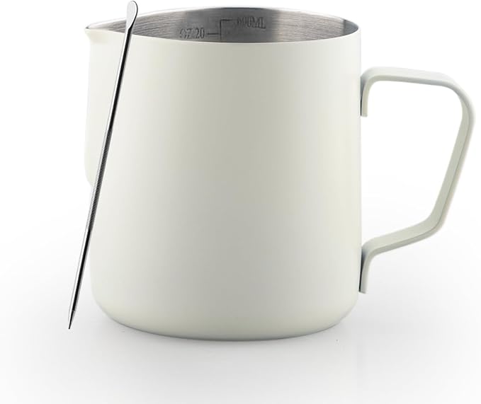 Milk Frother Cup, 20oz/600ml Milk Pitcher, Thickened 304 Stainless Steel Milk Frothing Pitcher for Espresso Coffee, Milk(White)