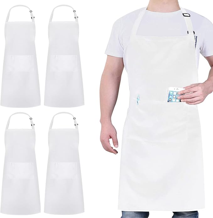 4 Packs Chef Apron, Waterproof Apron, Adjustable Aprons with 2 Pockets for Men Women, Professional Aprons for Kitchen Cooking Gardening Painting Baking Restaurant (White) by loteaf
