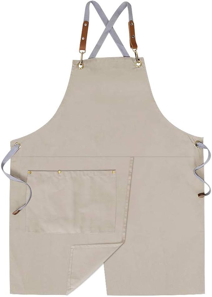 Crossback Apron with Pockets, Apron with Adjustable Straps | Pockets x2, Adjustable & Removable Straps, Canvas, Unique Split Apron for Ceramics, Home, Kitchen, Restaurant,M-XXL (Beige) by Mignongirl