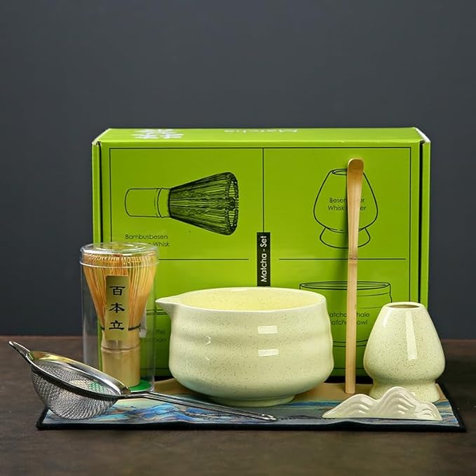 7 matcha whisk set 1 Matcha Whisk ，Matcha Bowl with Pouring Spout Scoop Matcha Whisk Holder Tea Making Kit. 1 matcha whisk set (7pcs), 15.2 Ounce (Yellow)
