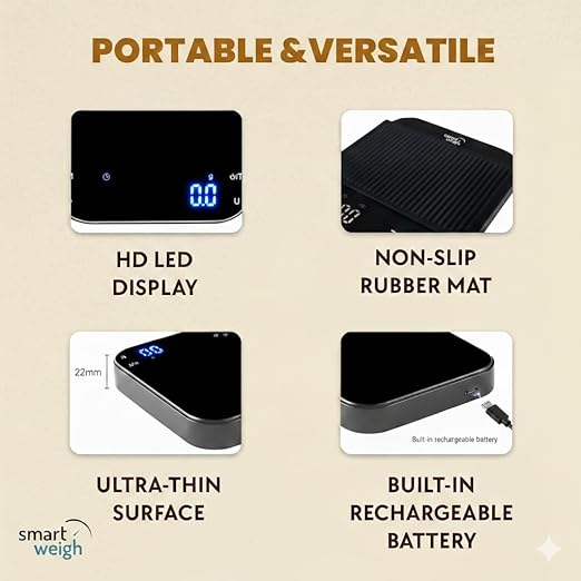 Smart Weigh Coffee Scale with Timer, Precision Espresso & Tea Digital Scale, Espresso Machine Accessories for Pour-Over Coffee, Travel Food Scale, LED Display, Rechargeable USB-C - 3kg/0.1g