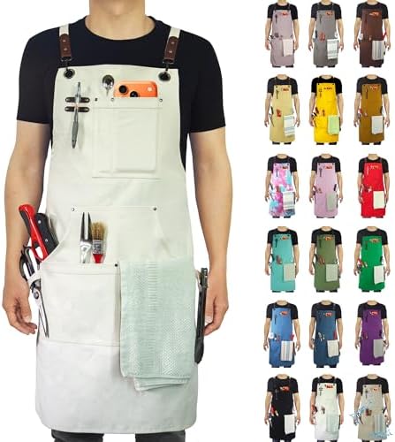 Kitchen Apron, Work Apron, Canvas Apron, White | Multiple Pockets, Gardening, Painting, BBQ, Artist, Carpenter, Sizes M to XXL by Stenffy
