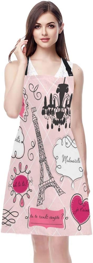 Wondertify Doodle Frames in French Style Apron,Paris Glamorous Eiffel Tower Lovely Element Pink Bib Apron with Adjustable Neck for Men Women,Suitable for Kitchen Cooking Chef Grill Bistro Baking Apron