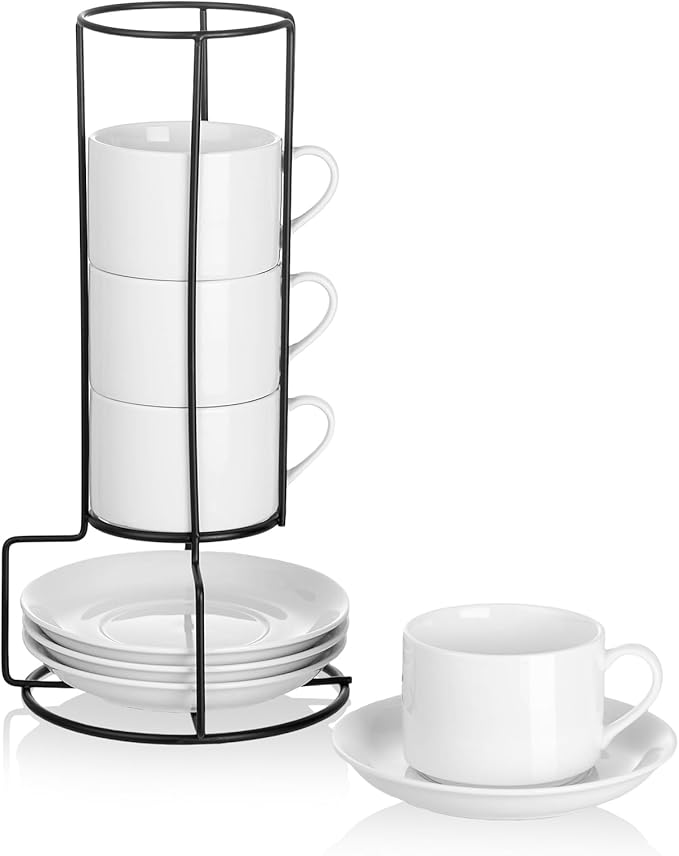 8oz Porcelain Stackable Cappuccino Cups with Saucers and Metal Stand Set of 4, Cappuccino Cups Set of 4, White Coffee Cups for Espresso, Specialty Coffee Drinks, Latte, Americano and Tea