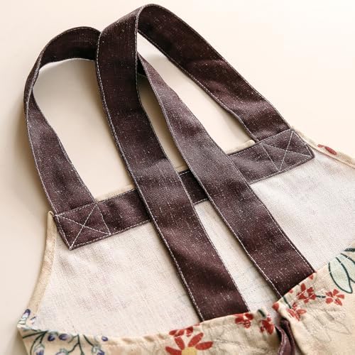 patdrea Blue Floral Linen Apron with Pocket,French Kitchen Garden Chef BBQ Aprons for Women and Men,Crisscross Back Straps - Image 7
