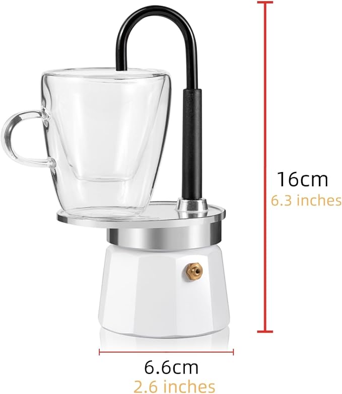 MVPLUE-Mini Express Swiss Single Tube Moka Pot Aluminum Ivory white，Moka Set includes One Double Wall 3oz Cup,Enjoy delicious coffee in no time