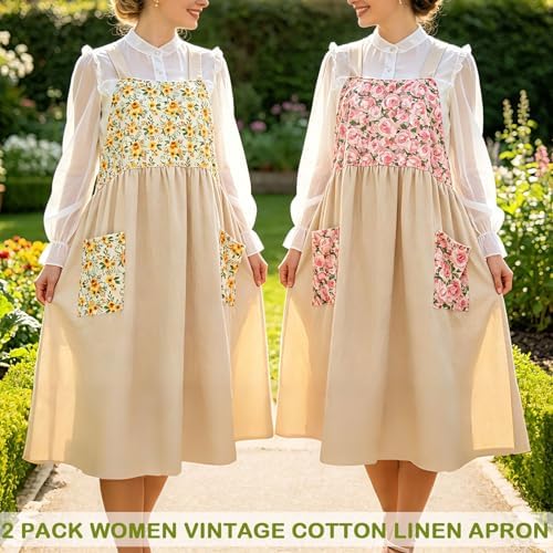 Uaussi Cotton Linen Apron Cross Back Work Apron for Women with Pockets Pinafore Dress X Cross Halter Apron for Chef Gardening - Image 2