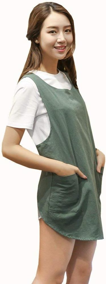 Shortened Design Apron, Japanese Style Soft Cotton Linen Apron with Two Side Pockets, X Cross Halter Aprons, Kitchen Cooking Clothes Gift for Women DIY Project, Crafting, Cooking, Baking(Army Green ) by KKTOCHVC